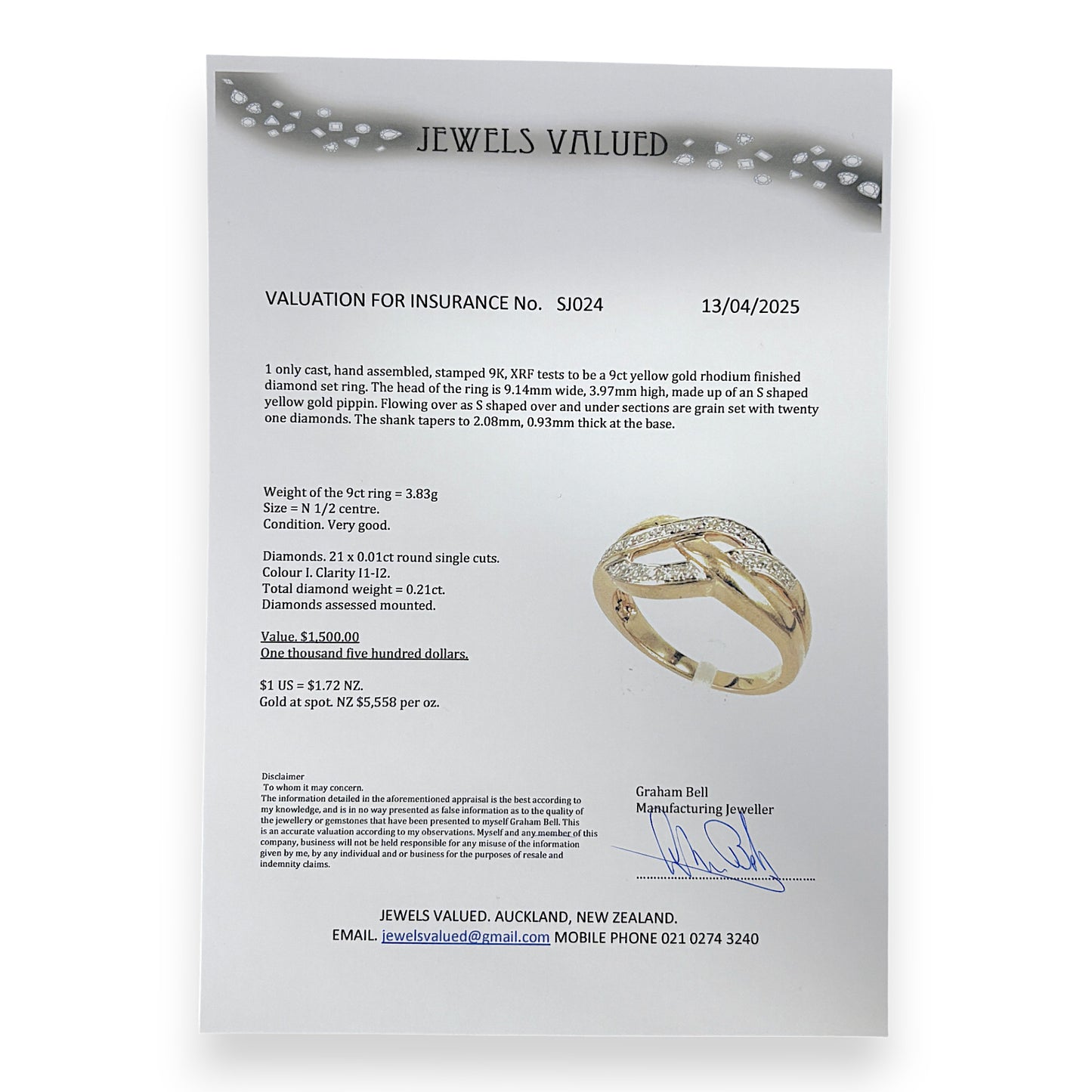 9ct Gold S Shaped Diamond Set Ring Size N1/2, Valuation $1,500. R # 366
