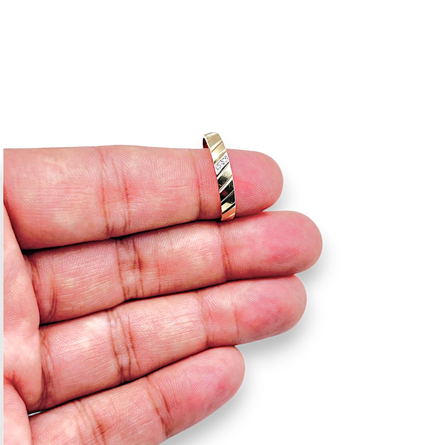 GOLD DEAL | 9ct Gold Solid Striped Band, Diamonds in White Gold Setting Size V-W