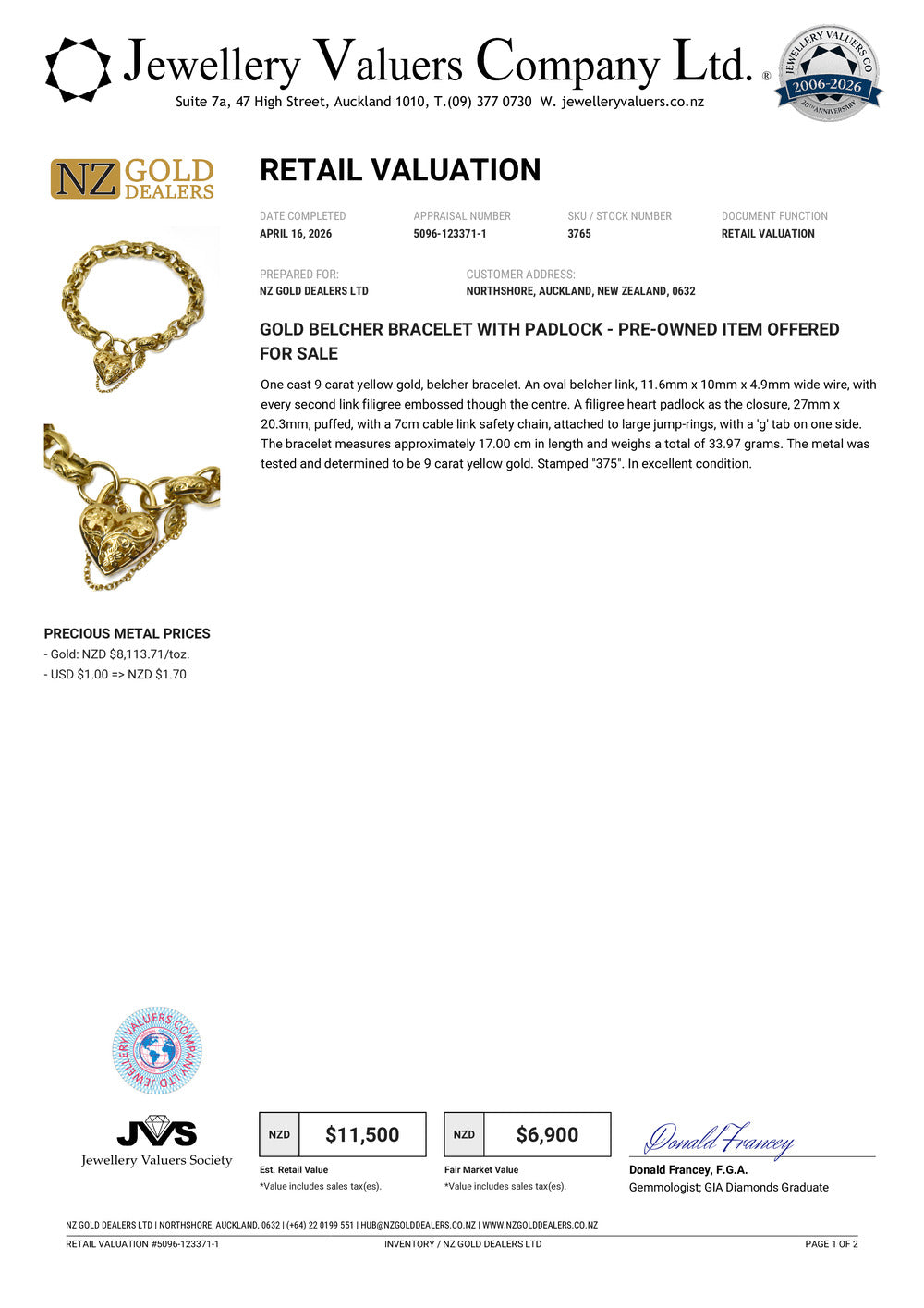 NZGD | 9ct Gold Bracelet with Heart Padlock Valuation $11,500 - Eternal Bloom