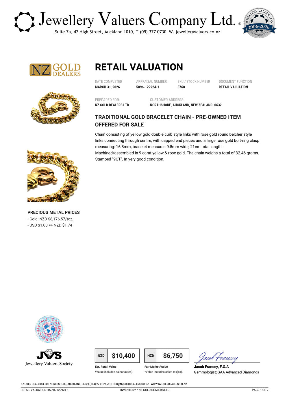 NZGD | 9ct Y/R Gold PROUDS Bracelet -Roselight Fusion, Valuation $10,400