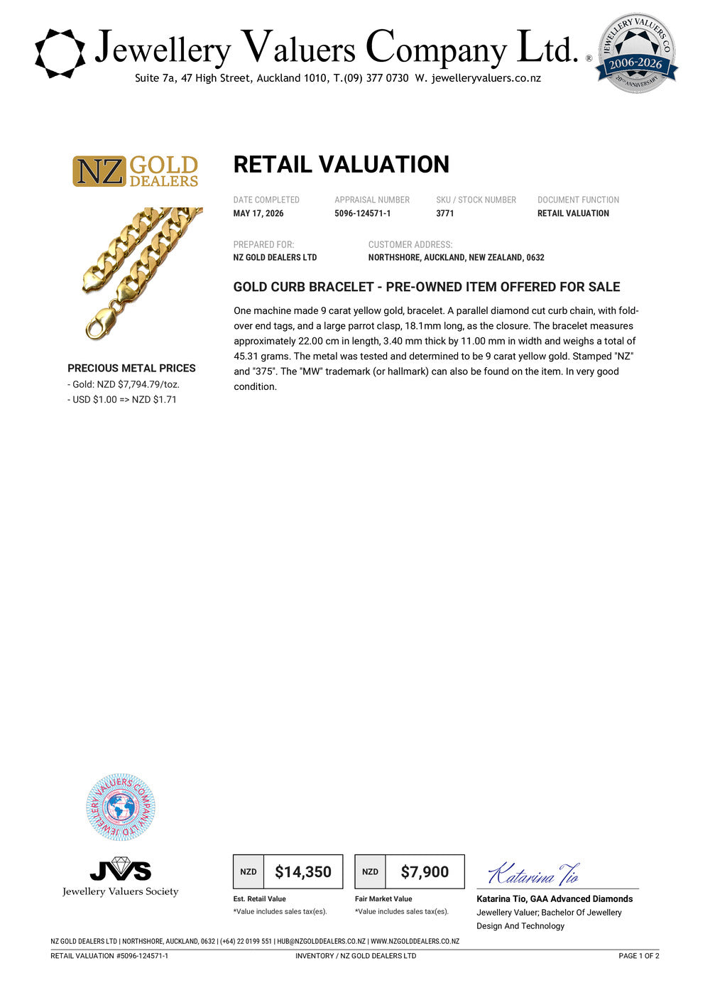 NZGD | 9ct Gold Curbline Titan Bracelet Valuation $14,350