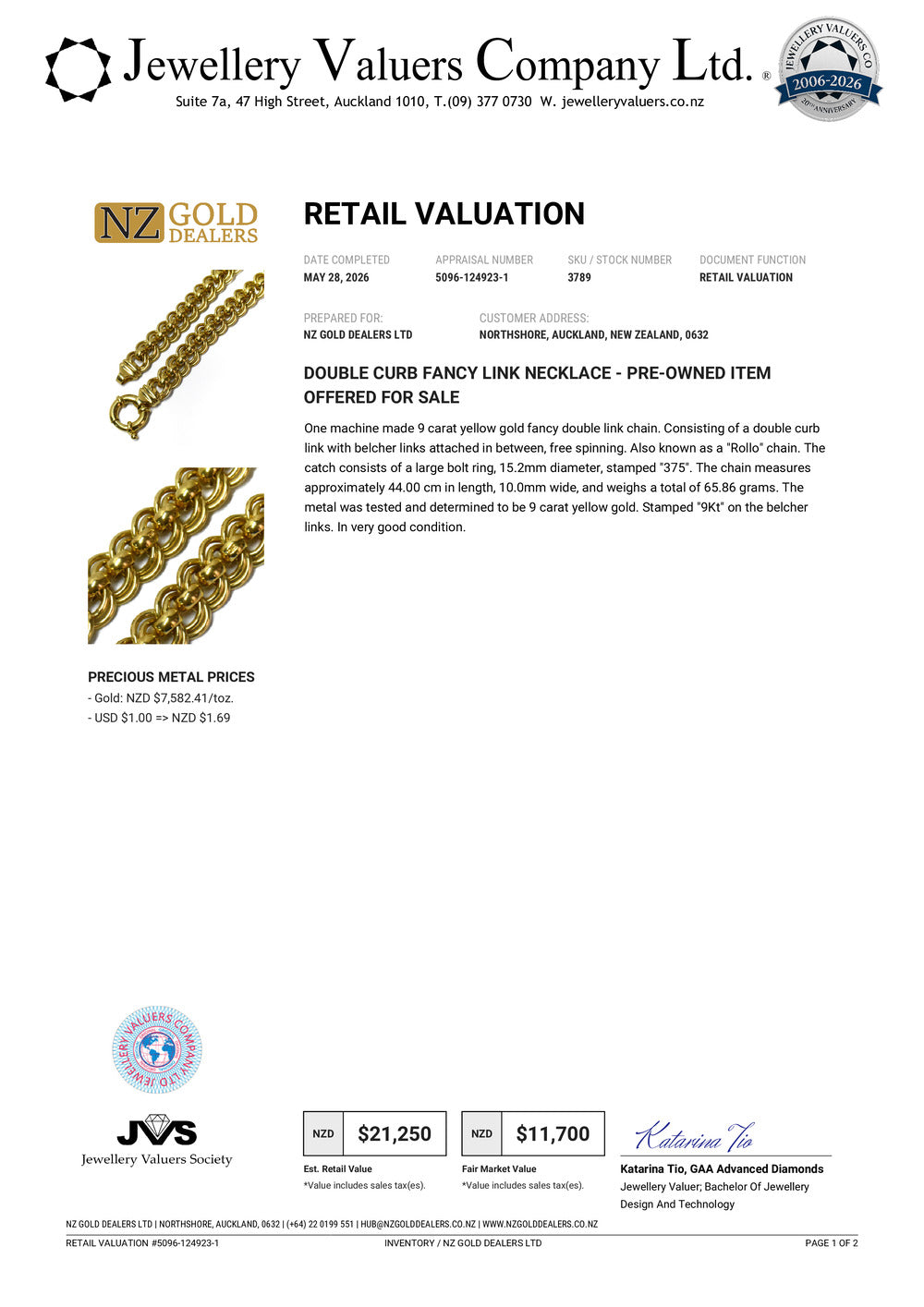 NZGD| 9ct Gold Legacy Rollo Link Chain & Bracelet Set Valuation $30,900