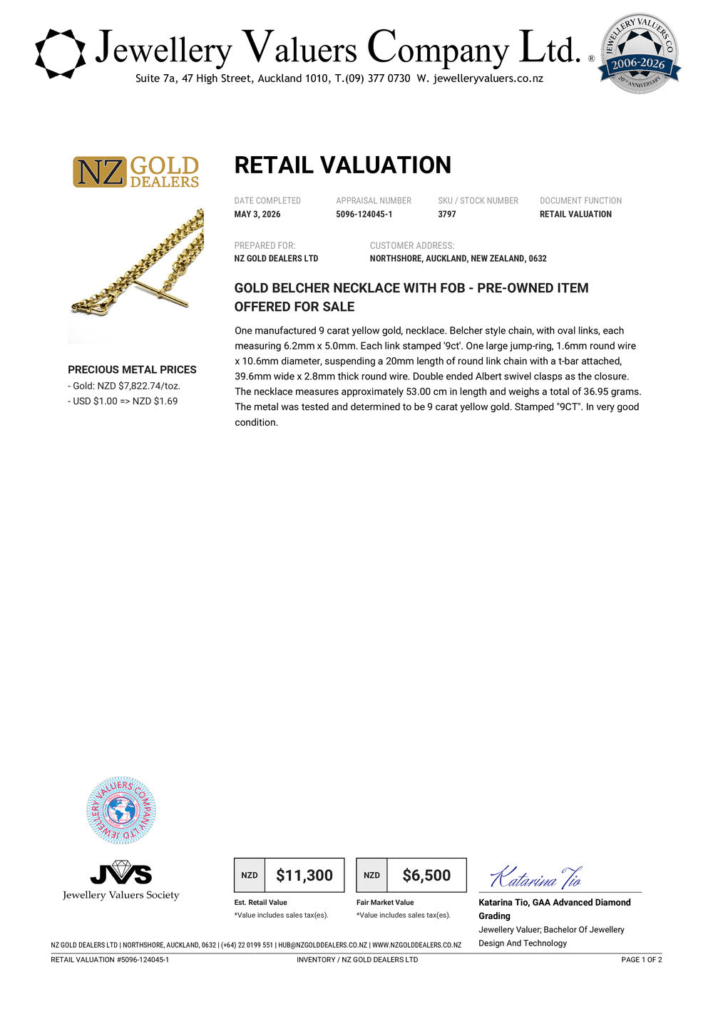 NZGD | 9ct Gold The Sovereign T‑Bar Belcher Valuation $11,300