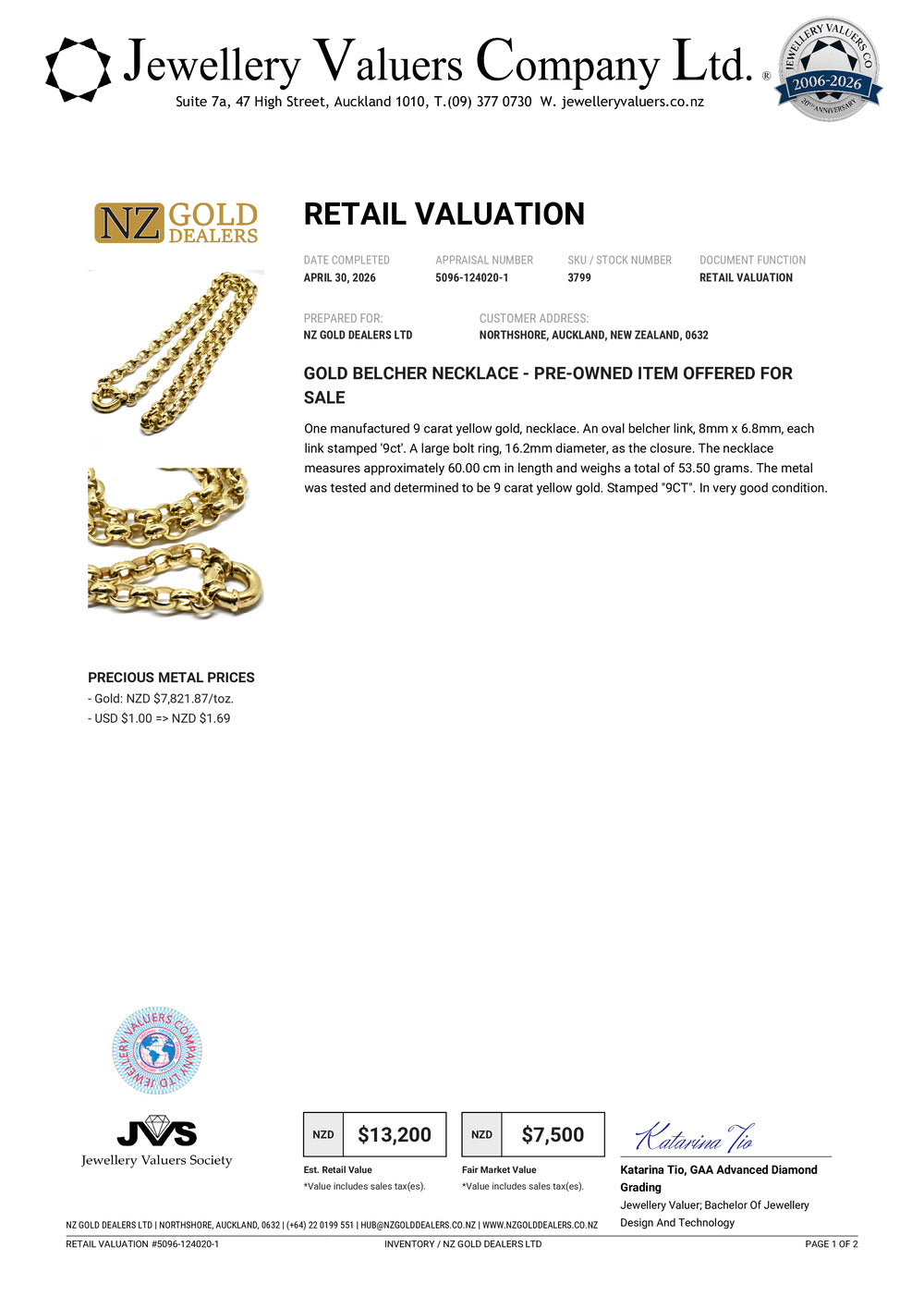 NZGD | 9ct Gold The Sovereign Belcher Chain Valuation $13,200