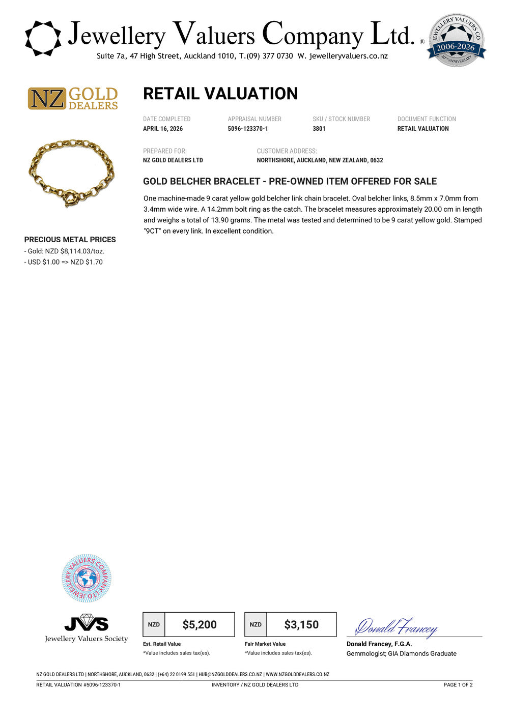 NZGD | 9ct Gold Sovereign Belcher Chain & Bracelet Set Valuation $15,700