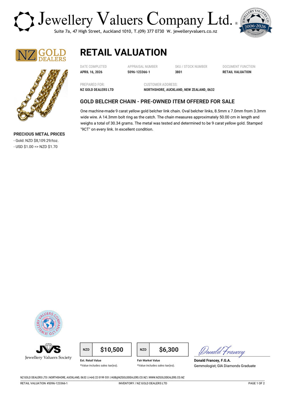 NZGD | 9ct Gold Sovereign Belcher Chain & Bracelet Set Valuation $15,700