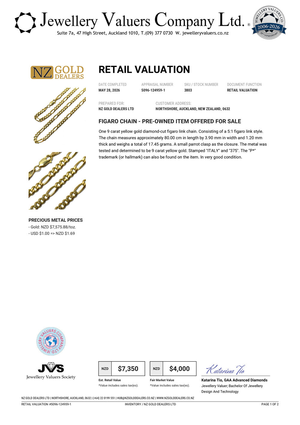 NZGD | 9ct Gold Figaro Horizon Chain Valuation $7,350
