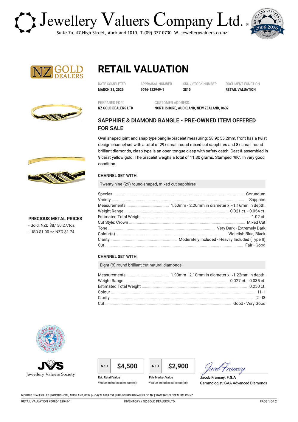 NZGD | 9ct Gold Bangle -Midnight Twist Diamond,Valuation $4,500