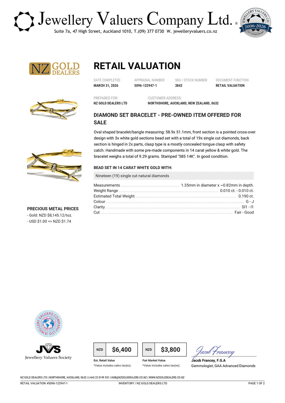 NZGD | 14ct Gold Solitaire Spirit Diamond Bangle Valuation $6,400