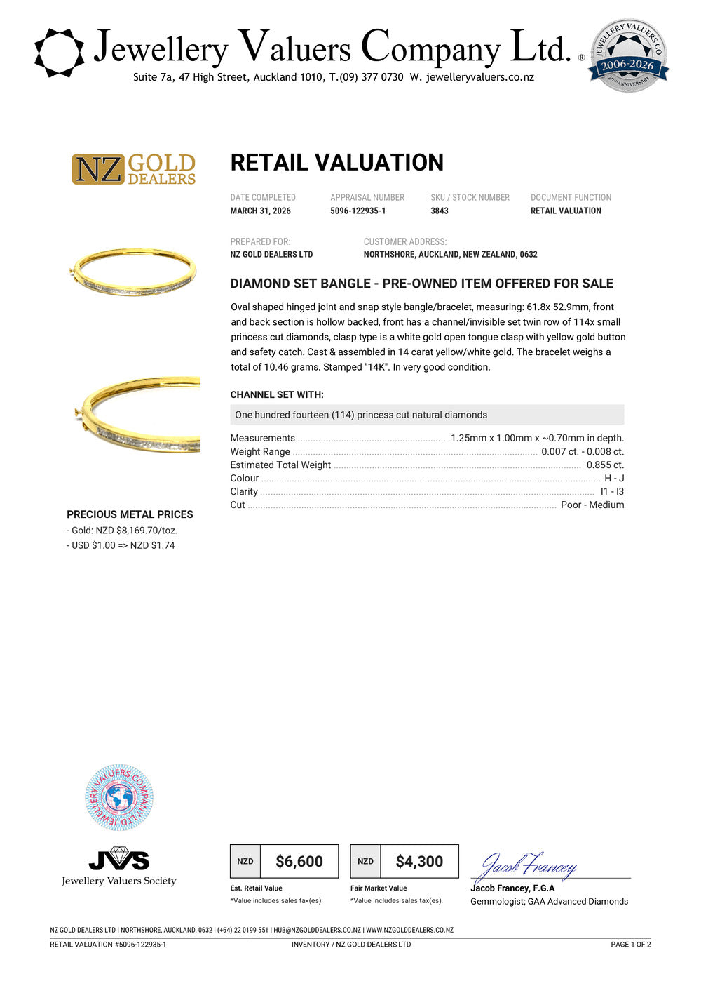 NZGD | 14ct Gold Golden Whisper Diamond Bangle Valuation $6,600