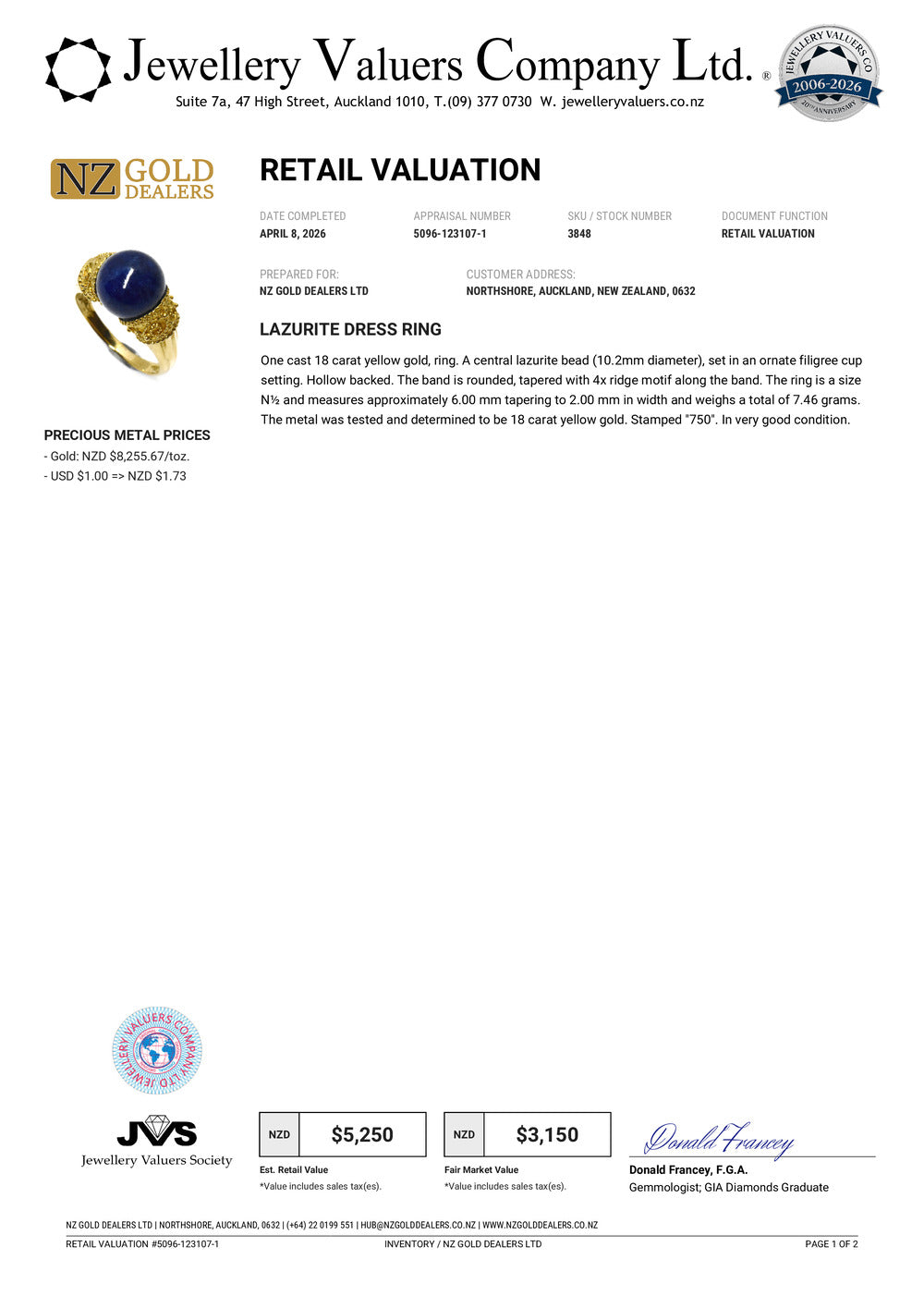 NZGD | 18ct Gold Ring - Imperial Midnight Lazurite Valuation $5,250