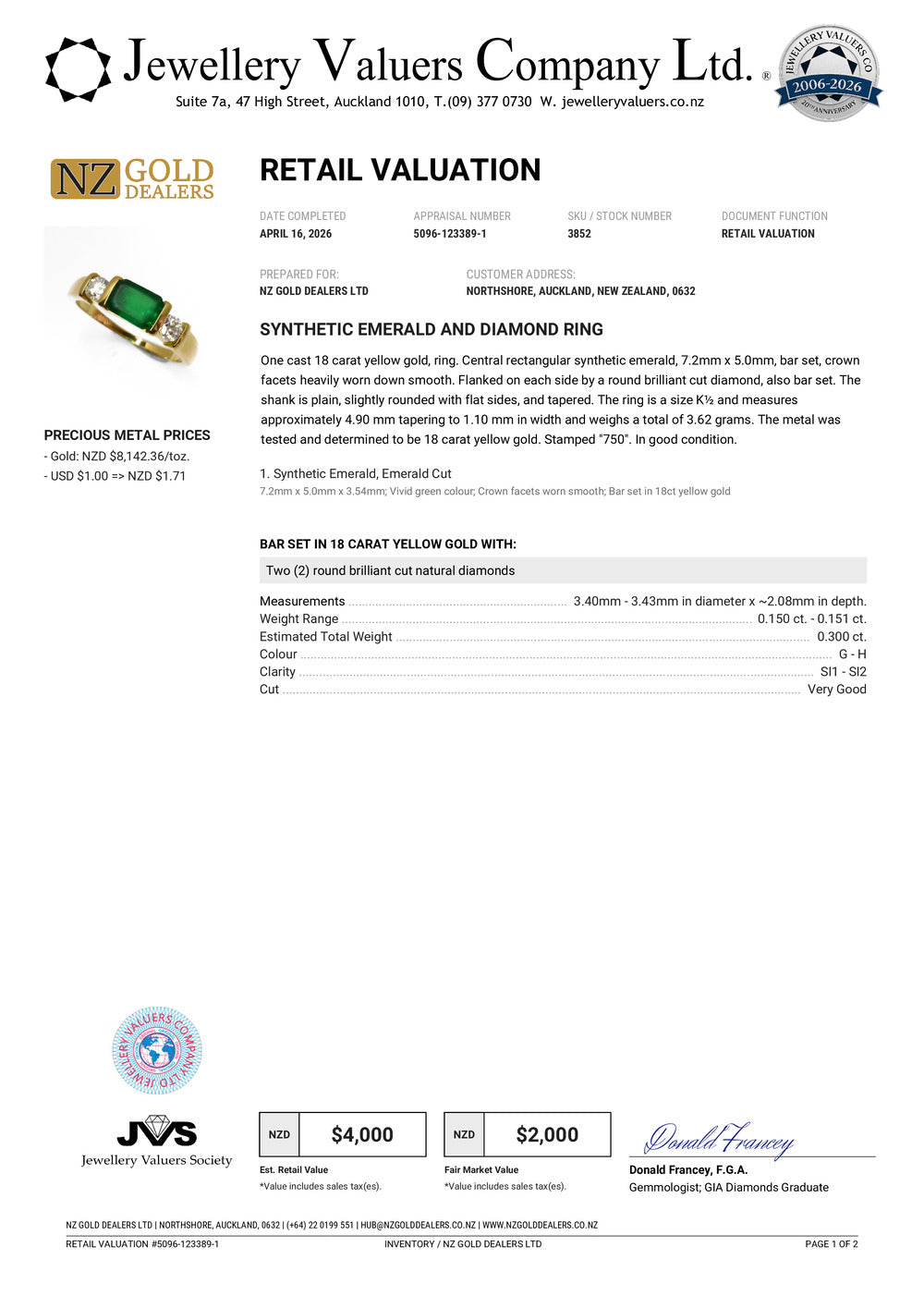 NZGD| 18ct Gold Ring Emerald Crown Trilogy Valuation $4,000