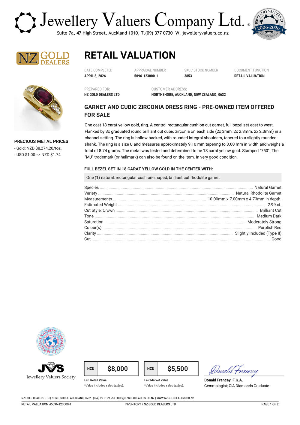 NZGD | 18ct Gold Ring - Garnet Sovereign Statement Valuation $8,000