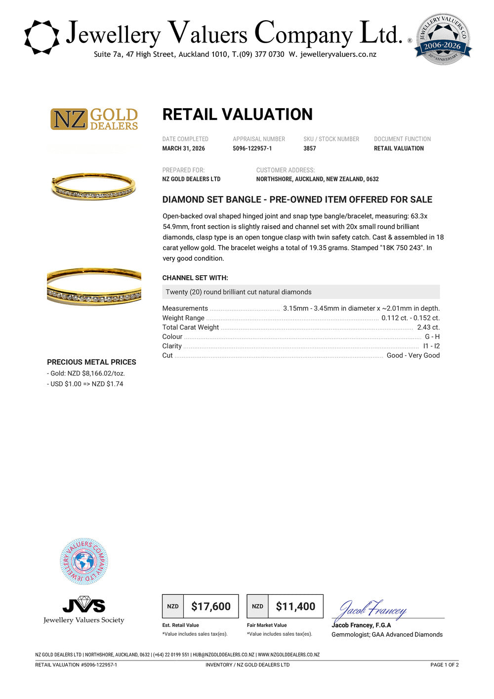 NZGD | 18ct Gold Lumina Crown Diamond Bangle Valuation $17,600