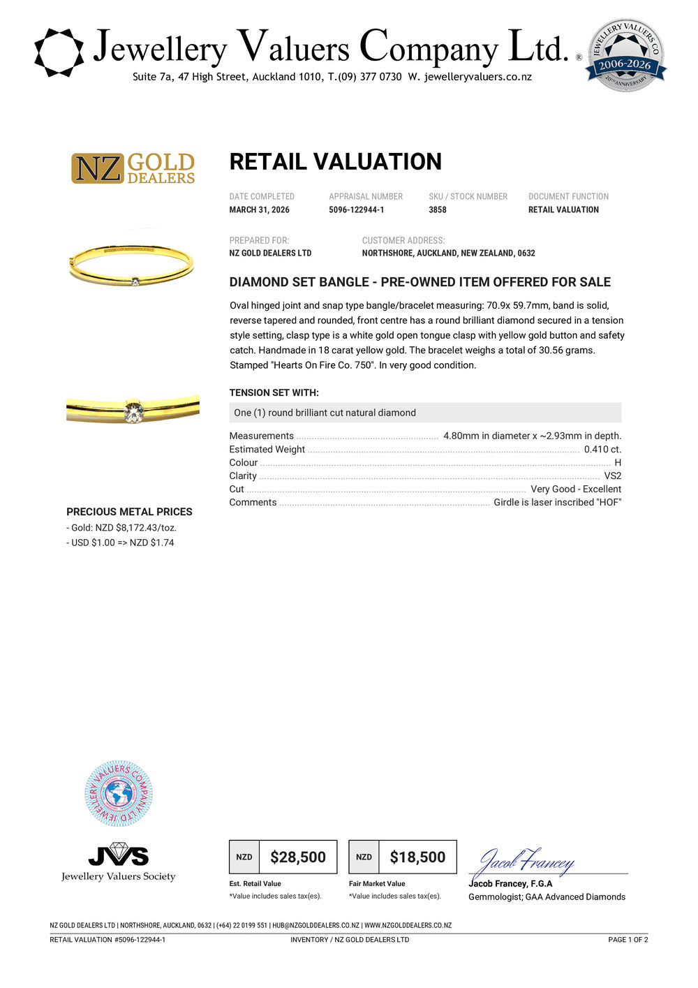 NZGD | 18ct Gold Luminous Solid Arc Bangle Valuation $28,500