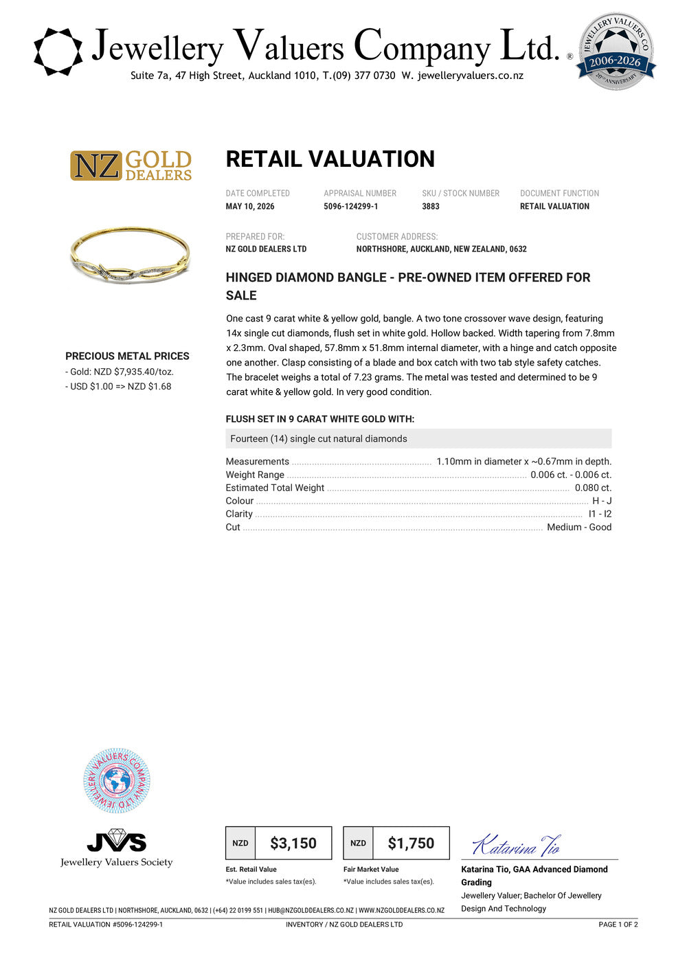 NZGD | 9ct Gold Celestia Twin‑Glow Bangle & Ring Set Valuation $4,550