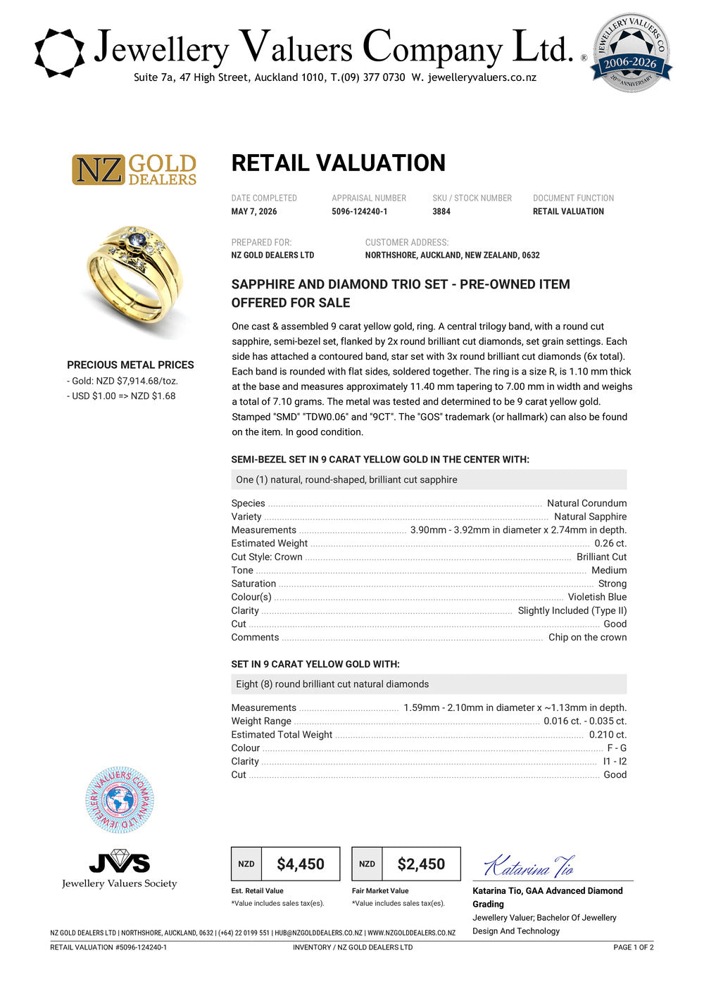 NZGD | 9ct Gold Celestia Sapphire Trio Ring Valuation $4,450