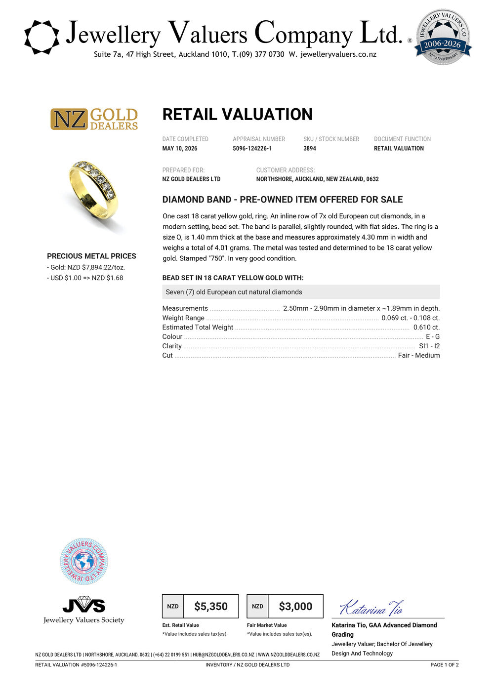NZGD | 18ct Gold Aureline Eternity Band Valuation $5,350