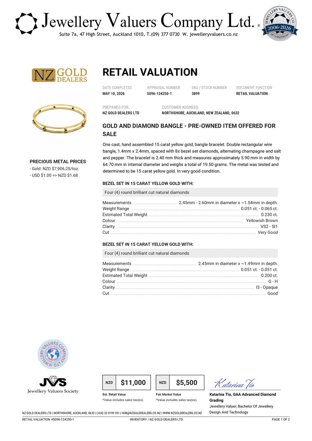NZGD | 15ct Gold Aureline Dual‑Arc Bangle Valuation $11,000
