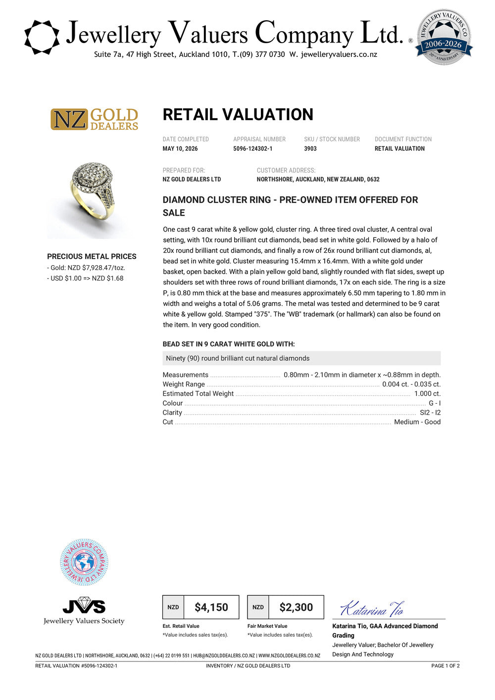 NZGD | 9ct Gold Imperial Glow Oval Ring Valuation $4,150