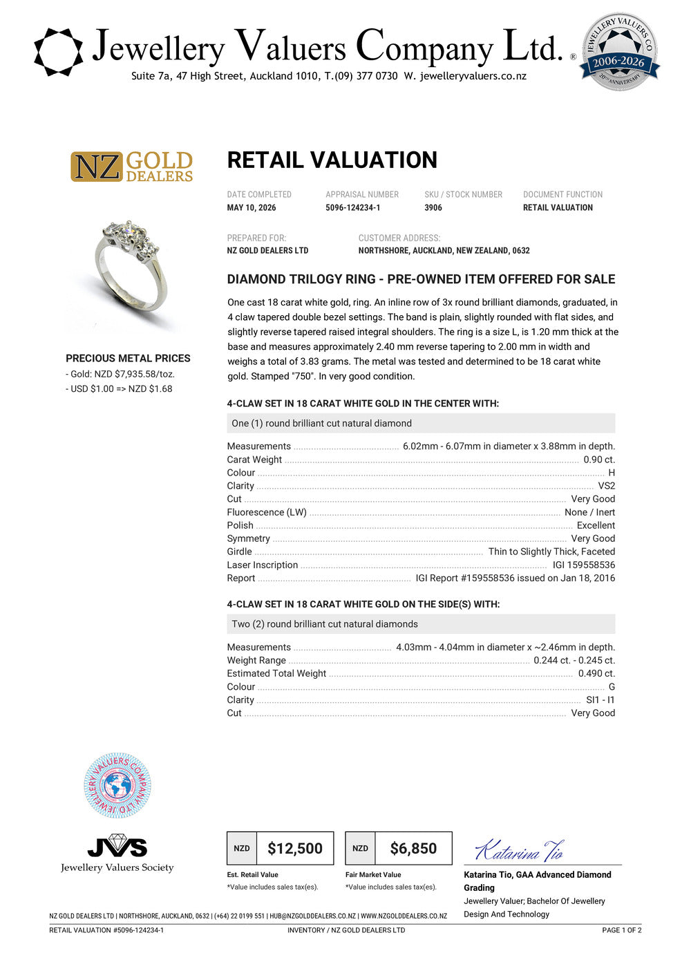NZGD | 18ct White Gold The Lumière Trine Ring Valuation $12,500