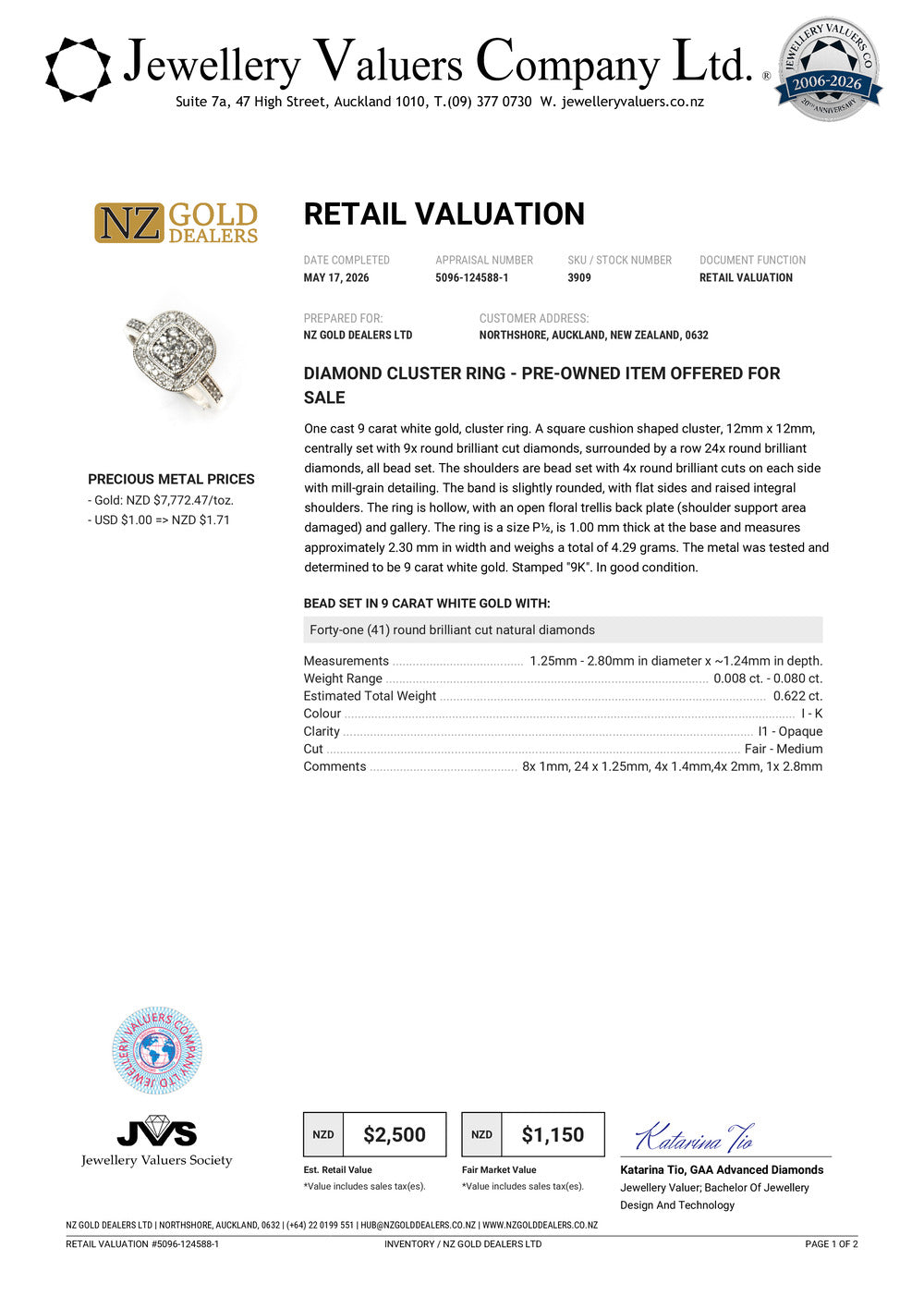 NZGD | 9ct White Gold Celestine Cluster Ring Valuation $2,500