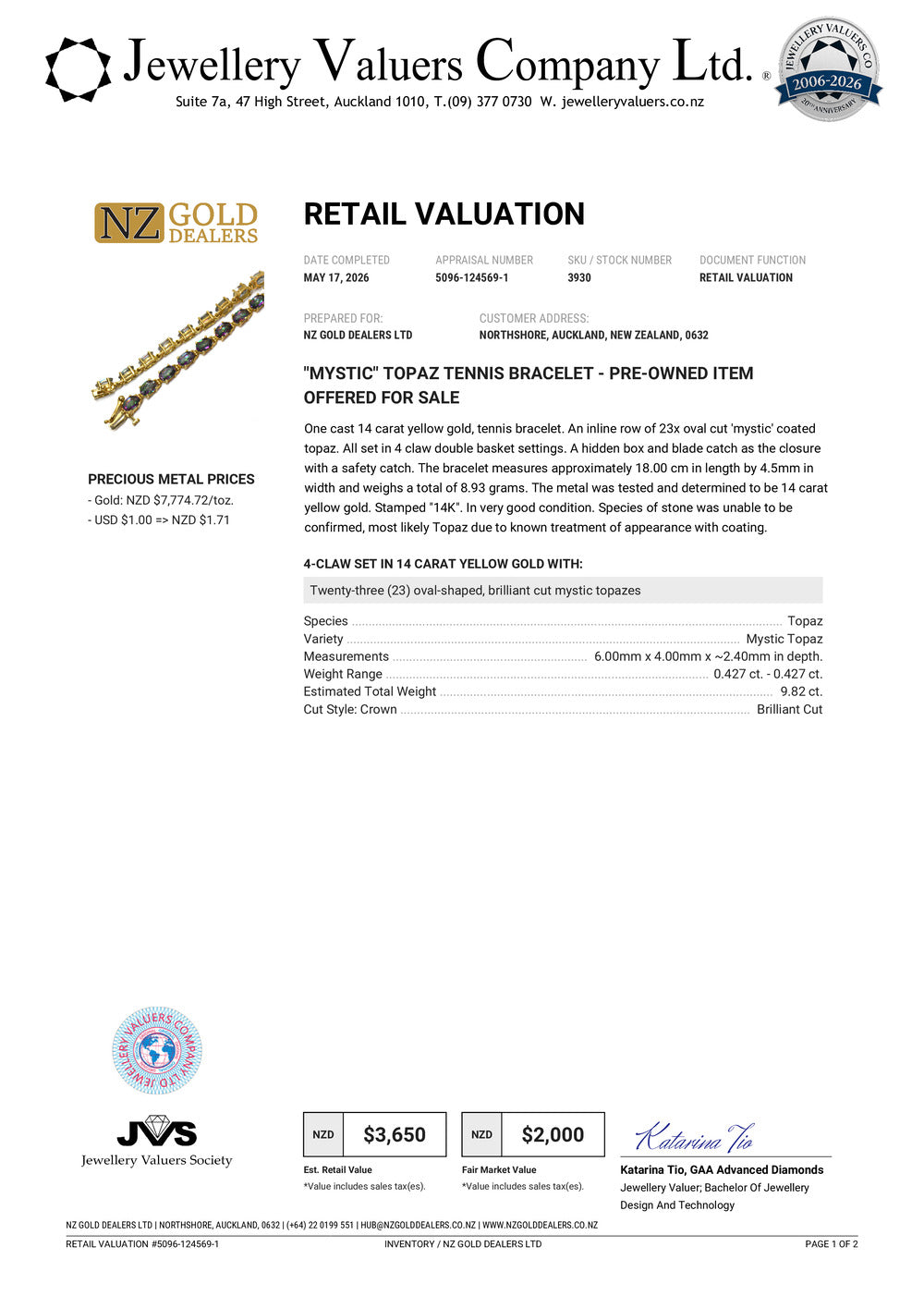 NZGD | 14ct Gold Twilight Mirage Tennis Bracelet Valuation $3,650