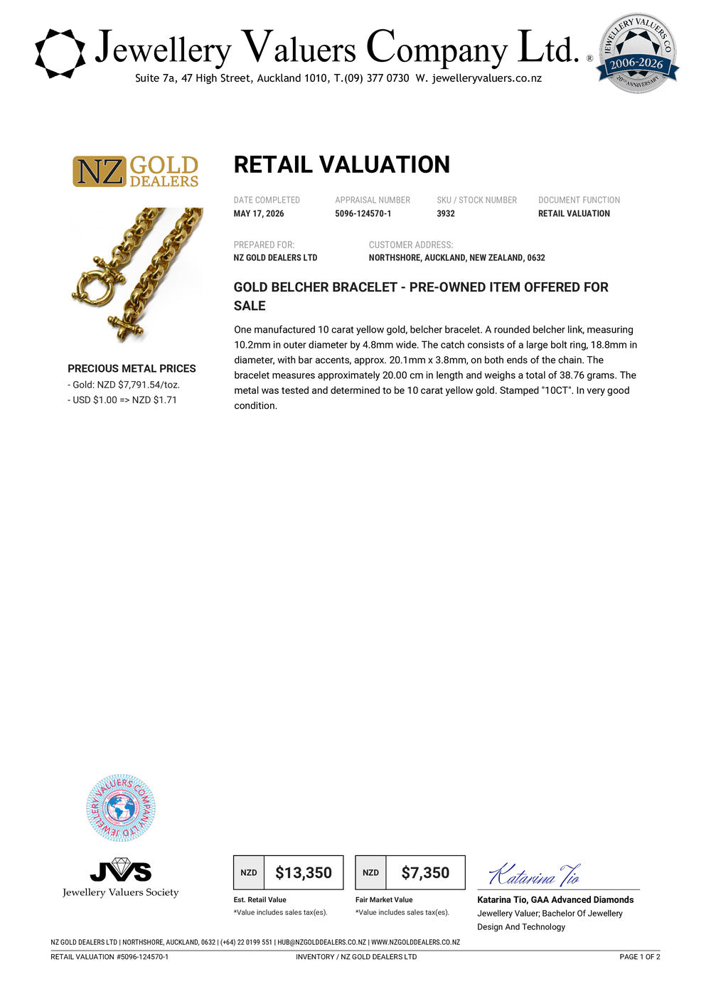 NZGD | 10ct Gold Vintage Bar Accent Bracelet Valuation $13,350