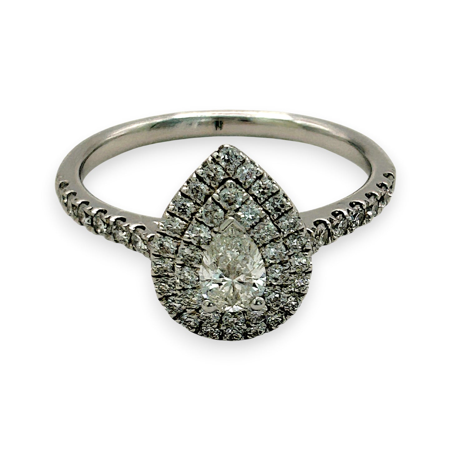 NZGD | 9ct W Gold Teardrop Radiance Double‑Halo Ring Valuation $3,600