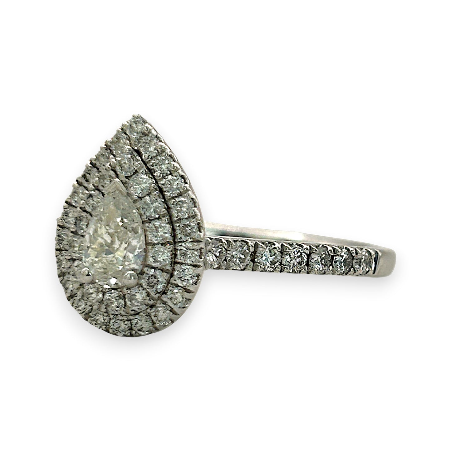 NZGD | 9ct W Gold Teardrop Radiance Double‑Halo Ring Valuation $3,600