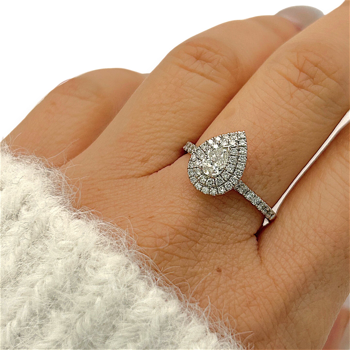 NZGD | 9ct W Gold Teardrop Radiance Double‑Halo Ring Valuation $3,600