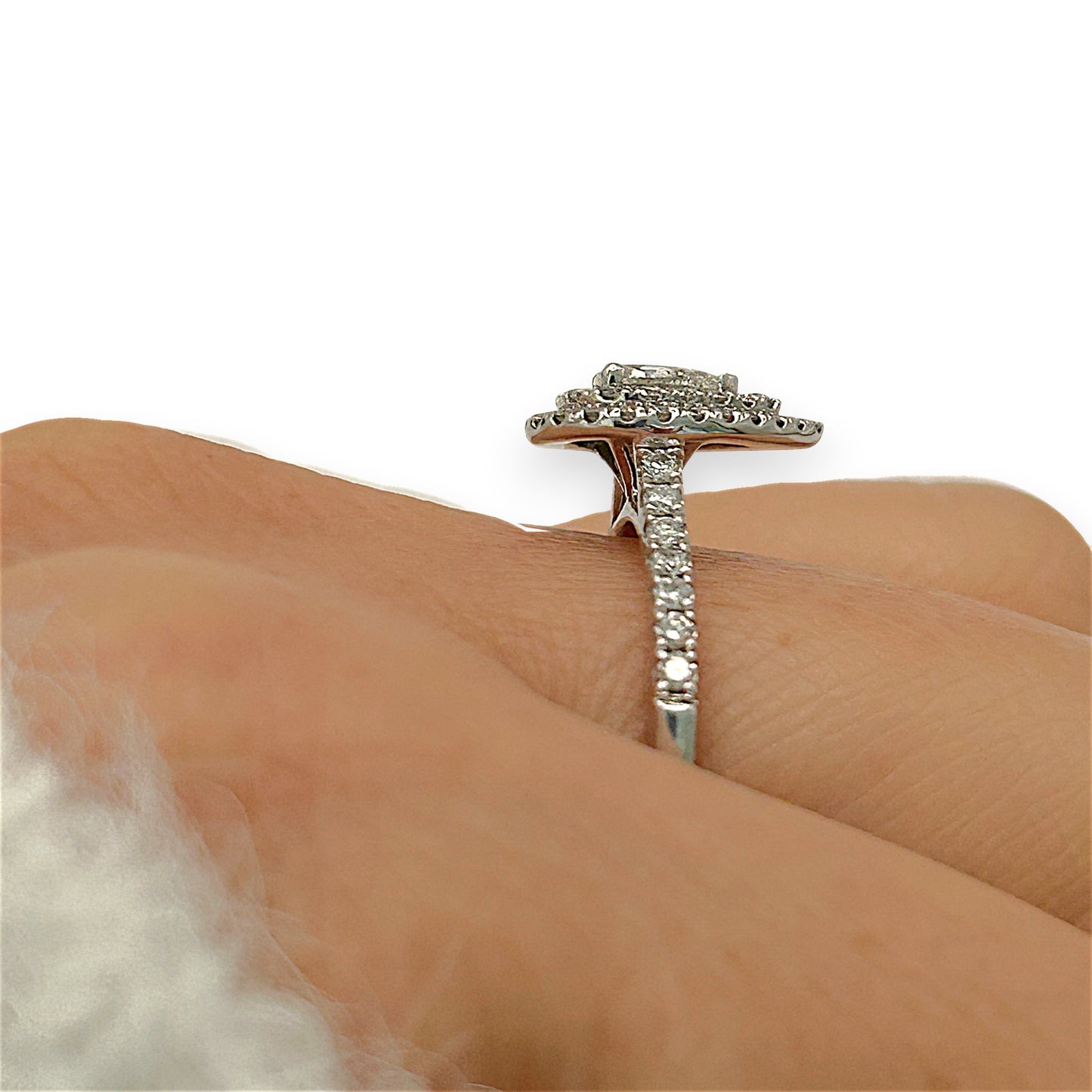 NZGD | 9ct W Gold Teardrop Radiance Double‑Halo Ring Valuation $3,600