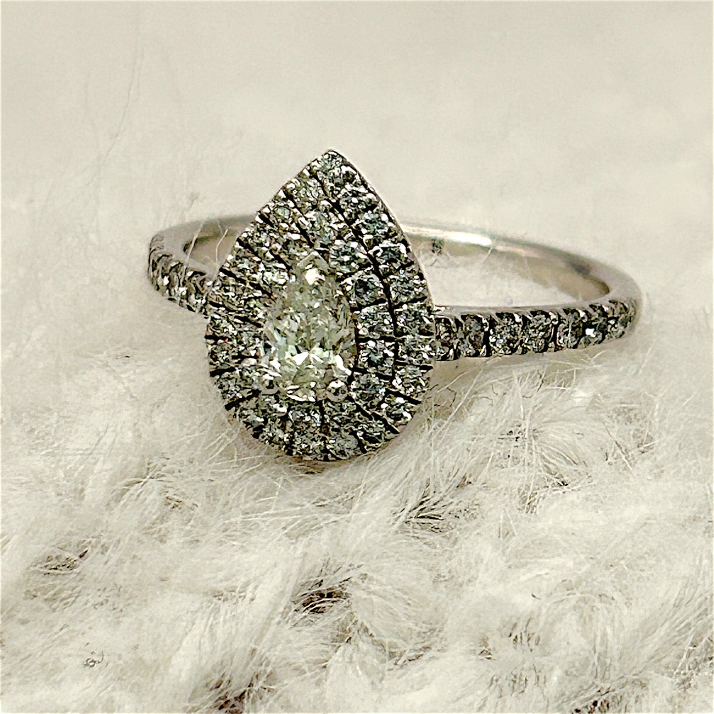 NZGD | 9ct W Gold Teardrop Radiance Double‑Halo Ring Valuation $3,600