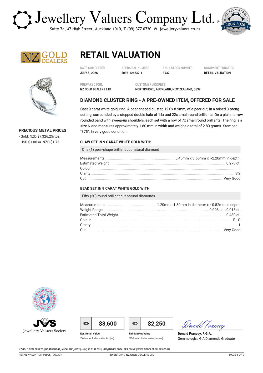NZGD | 9ct W Gold Teardrop Radiance Double‑Halo Ring Valuation $3,600