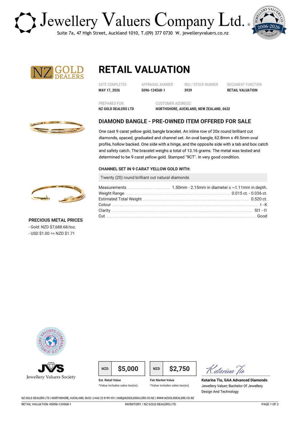 NZGD | 9ct Gold Auric Diamond Oval Bangle Valuation $5,000
