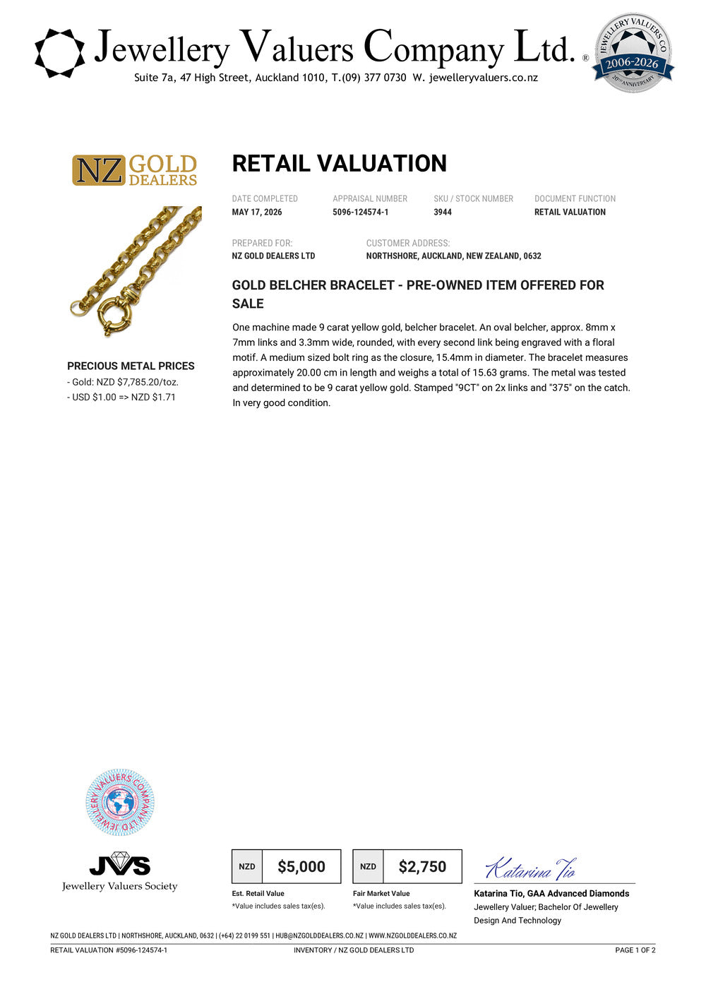 NZGD | 9ct Gold Heritage Botanica Bracelet Valuation $5,000