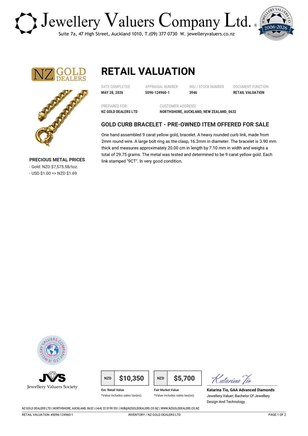 NZGD | 9ct Gold Timeless Crest Curb Bracelet Valuation $10,350