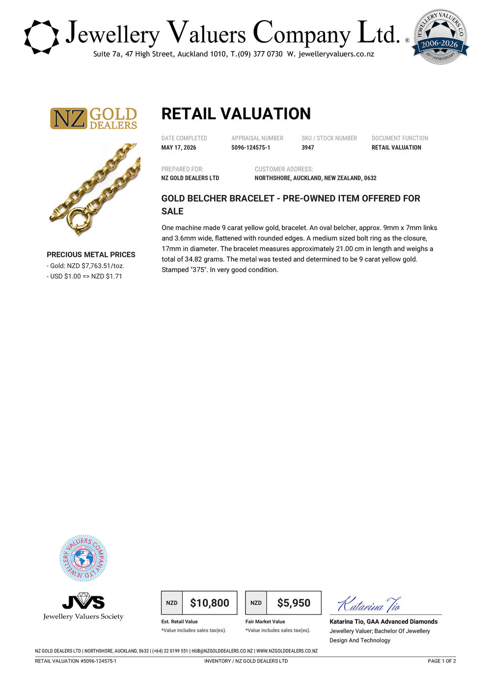 NZGD | 9ct Gold Imperial Belcher Bracelet Valuation $10,800