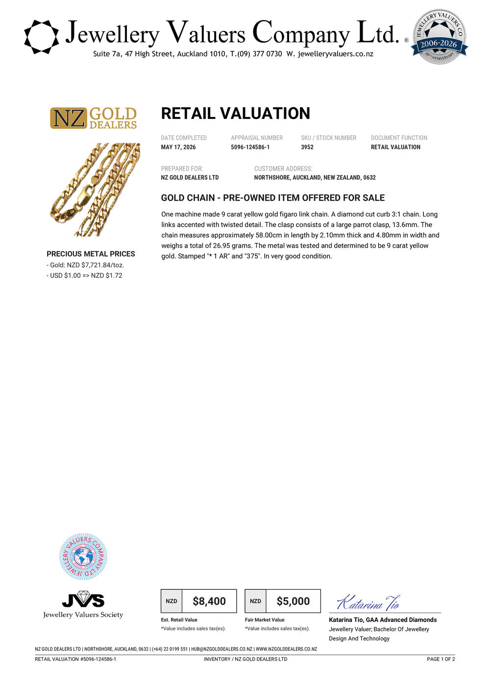 NZGD | 9ct Gold Imperial Diamond‑Cut Figaro Chain Valuation $8,400