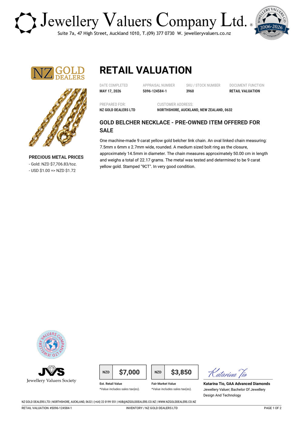 NZGD | 9ct Gold Aureline Classic Belcher Chain Valuation $7,000