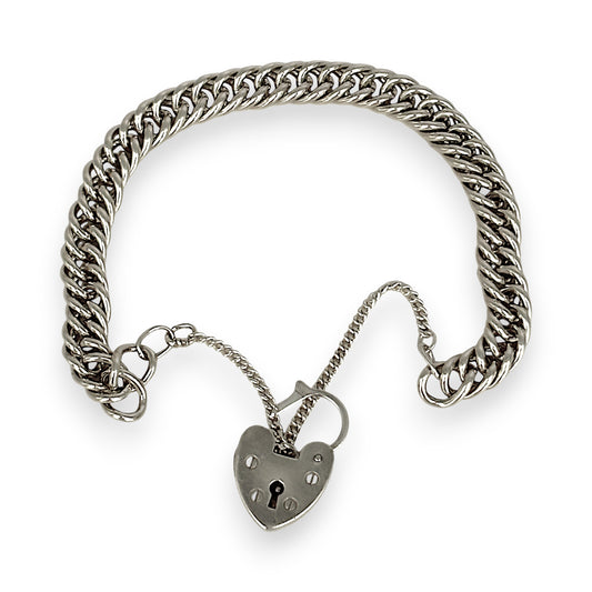 SILVER DEAL | Sterling Silver Vintage Hear Padlock Curb Link Bracelet 18cm
