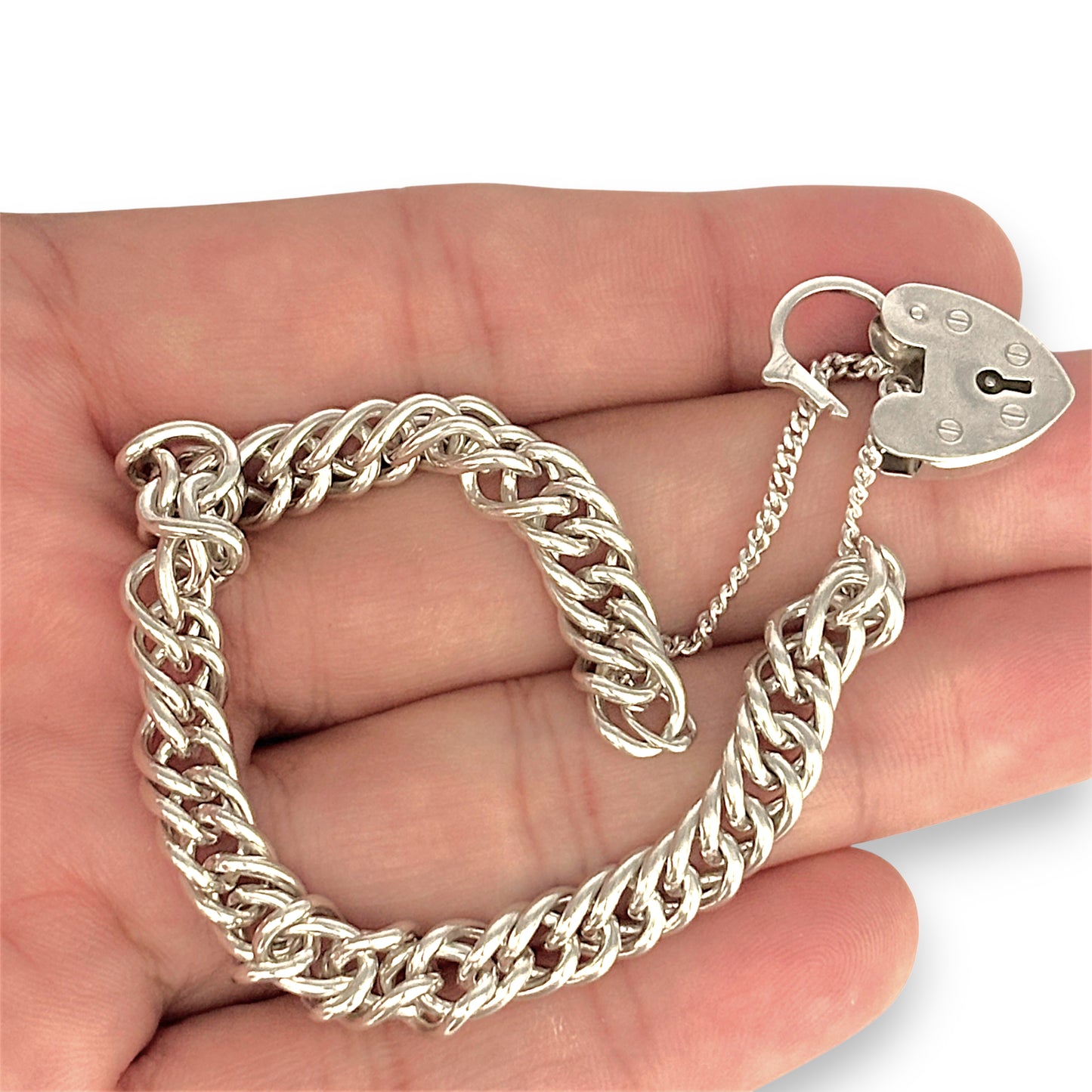 SILVER DEAL | Sterling Silver Vintage Hear Padlock Curb Link Bracelet 18cm