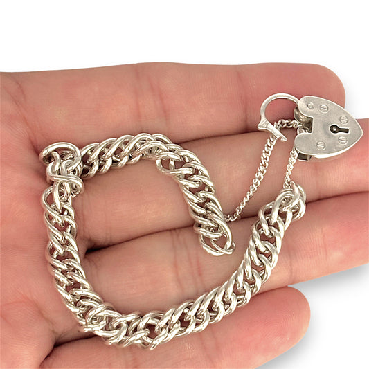 SILVER DEAL | Sterling Silver Vintage Hear Padlock Curb Link Bracelet 18cm