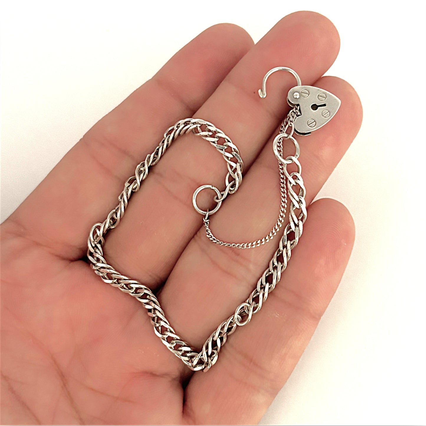 SILVER DEAL | Sterling Silver Cuban Link Bracelet with Heart Padlock  19cm