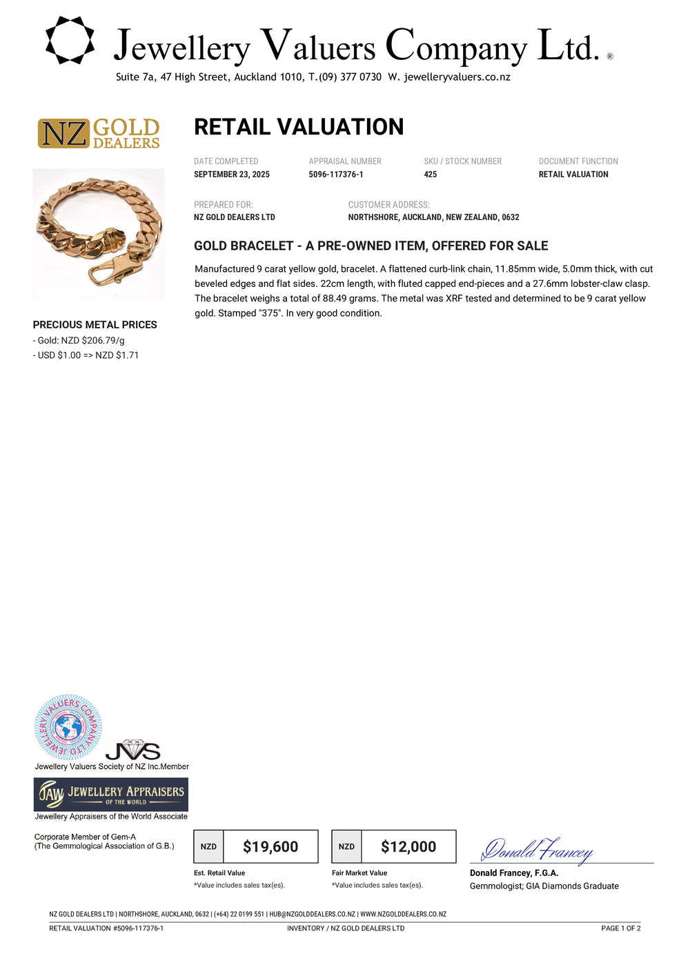 GOLD DEAL | 9ct (9K) Gold Curb Link Massive 88.49g Refurbished Bracelet Valuation $19,600