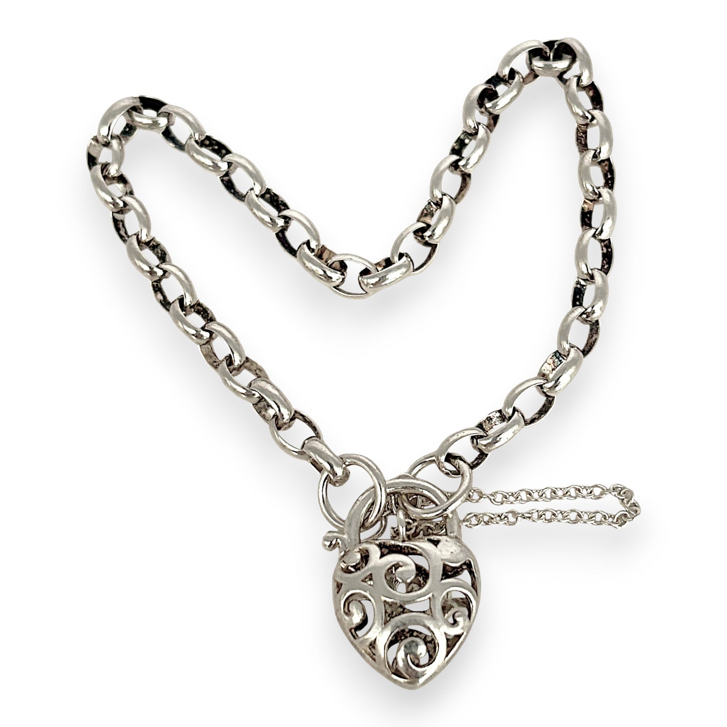 SILVER DEAL | Sterling Silver Filigree Heart Padlock Bracelet 19cm