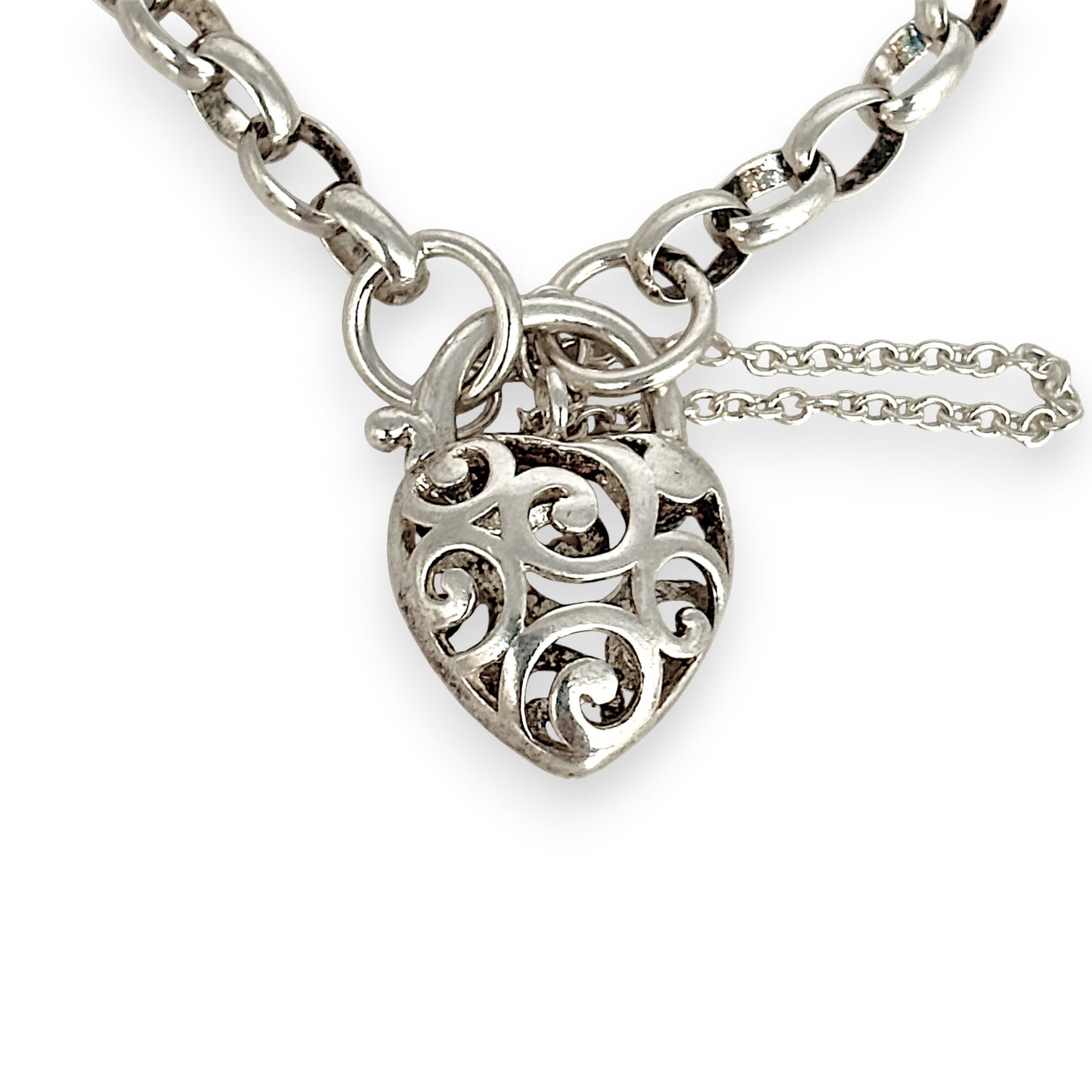 SILVER DEAL | Sterling Silver Filigree Heart Padlock Bracelet 19cm