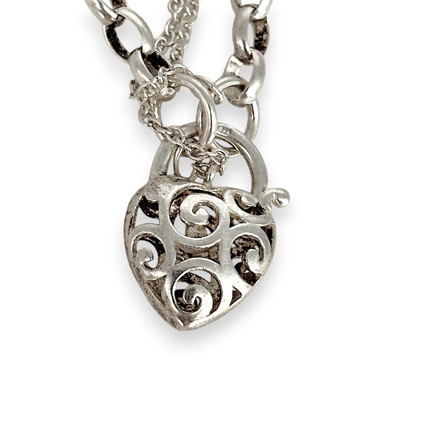 SILVER DEAL | Sterling Silver Filigree Heart Padlock Bracelet 19cm