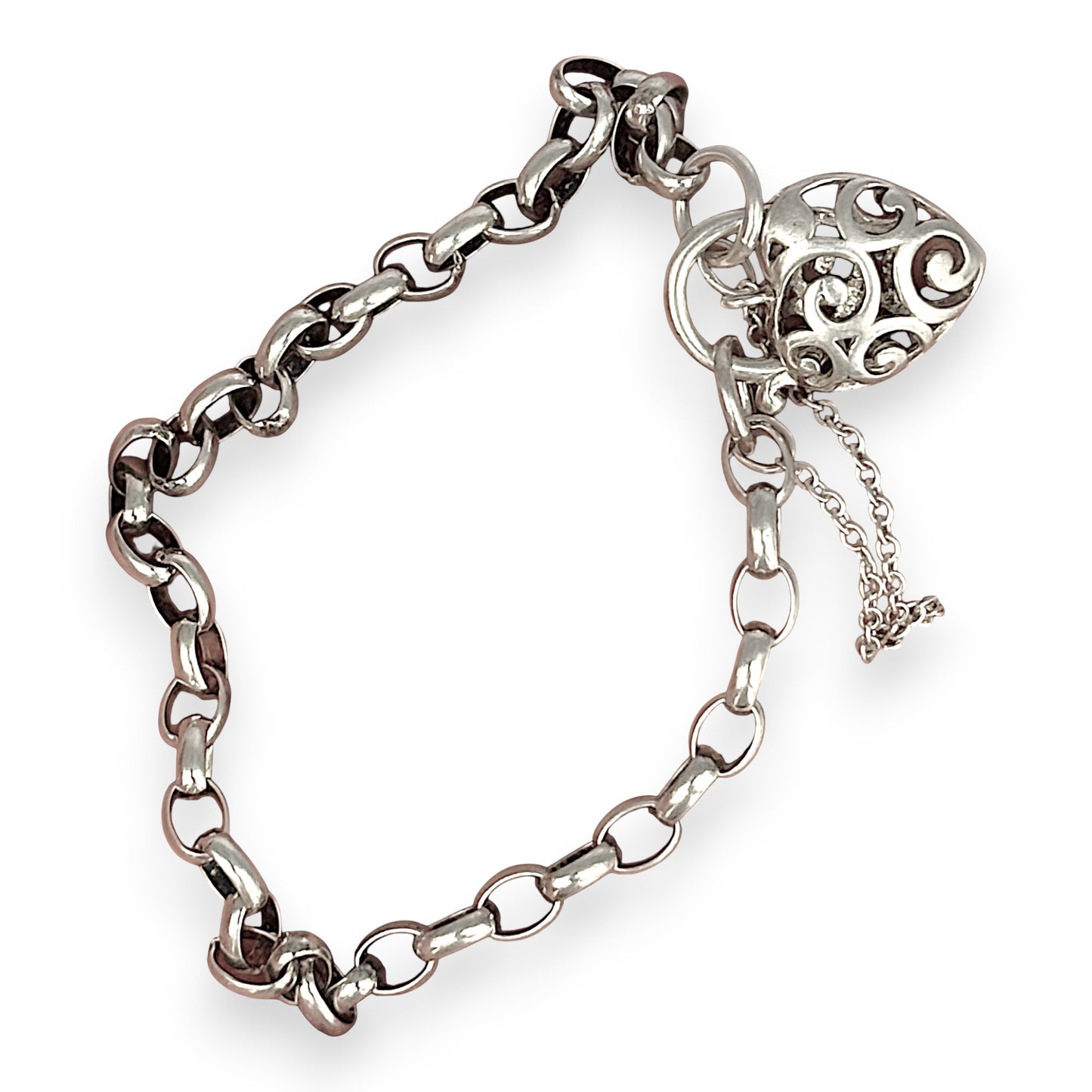 SILVER DEAL | Sterling Silver Filigree Heart Padlock Bracelet 19cm