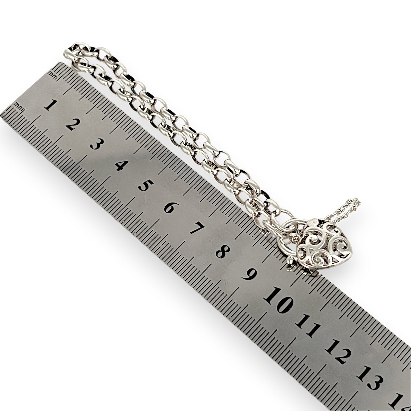 SILVER DEAL | Sterling Silver Filigree Heart Padlock Bracelet 19cm